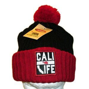 California Republic Cali Life Mens Black Red Winter hat cap Pom Beanie New Tags